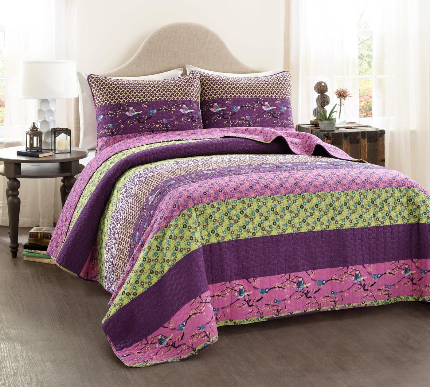 Lush Decor Royal Empire Reversible Cotton Quilt Set 3 Piece Striped Bedding Set Bold Colorful Bohemian Patterns Soft Cotton Feel Full Queen Plum