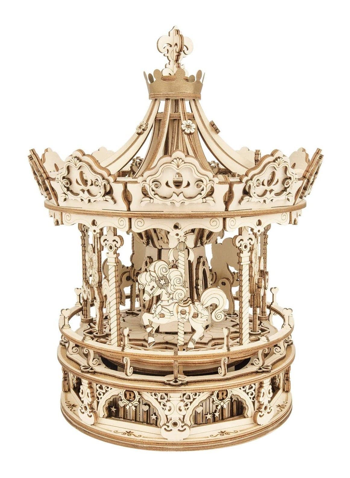 3D Wooden Puzzle Carousel Model Building Kits Rotating 5-Horses Music Box ideal Birthday Gift