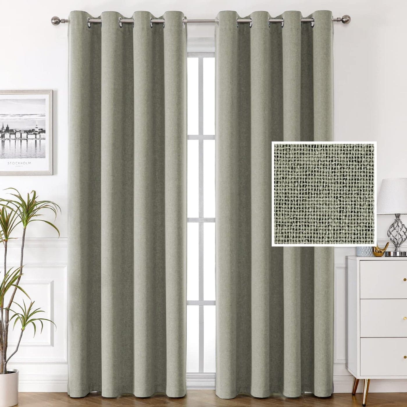 HVERSAILTEX 100 Blackout Linen Curtains Thermal Insulated for Living Room Textured Burlap Drapes for Bedroom Grommet Noise Blocking 52 x 108 Inch 2 Panels Heather Sage