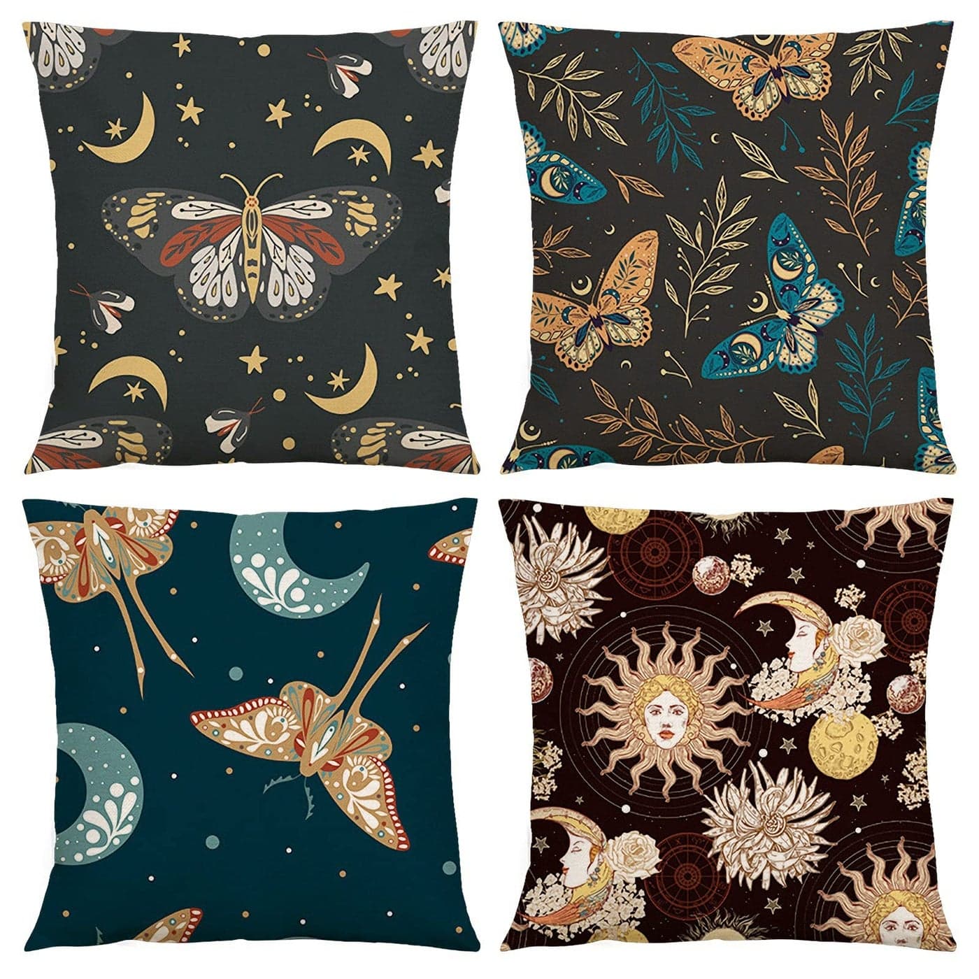 RinRinfam Sun and Moon Throw Pillow Covers 18x18 Set of 4 Mysterious Moth Butterfly Stars Floral Linen Square Pillow Cushion Cases Modern Home Decor for Outdoor Sofa Bedroom CarBlack Yellow