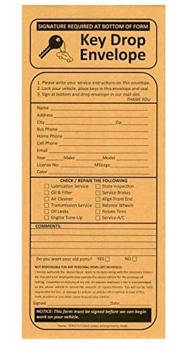 100 Night Drop Key Envelopes Auto Repair Shops and Mechanics Gummed