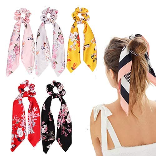 Silk Hair Scrunchies, Hair Scarf with Flower Pattern, Stripe Printed Hair Bobbles for Ponytail Holder (5 Pcs Flower Pattern Silk)