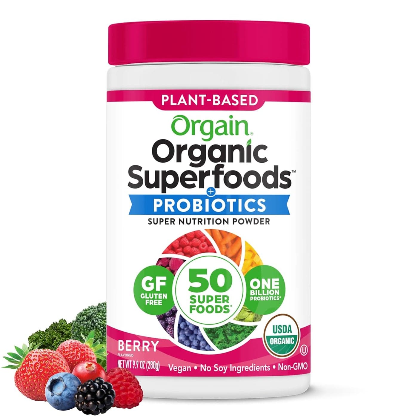 Orgain Organic Greens Powder 50 Superfoods Berry 1 Billion Probiotics for Digestive Health Antioxidants Vegan PlantBased GlutenFree NonGMO Green Juice Smoothie Drink Mix 062lb