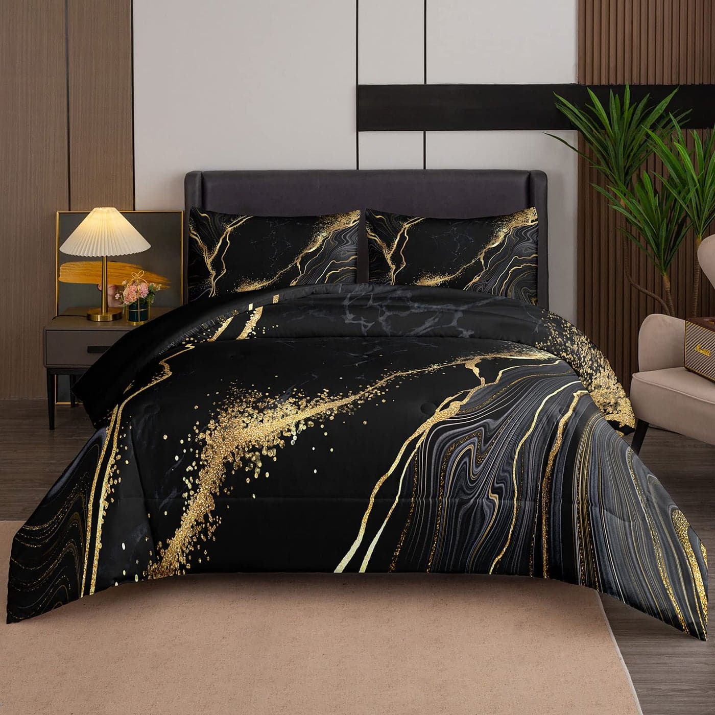Tailor Shop Marble Bedding Set Soft Microfiber Black and Gold Comforter Set Queen Size for Kids Men and Women with 1 Marble Comforter and 2 Pillowcases