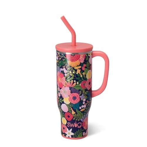Swig Life 30oz Mega Mug, 30oz Tumbler with Handle and Straw, Large Insulated Tumblers, Cup Holder Friendly Travel Mug, Stainless Steel 30 oz Tumbler, Reusable Insulated Water Bottle (Secret Garden)
