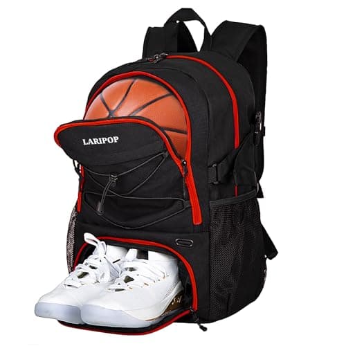 LARIPOP Basketball Backpack with Ball Compartment Ventilated Shoe Pocket Fits US Size 15 Water Resistant 30L Sports Bag for Men Women Teen Athletes Practice Travel