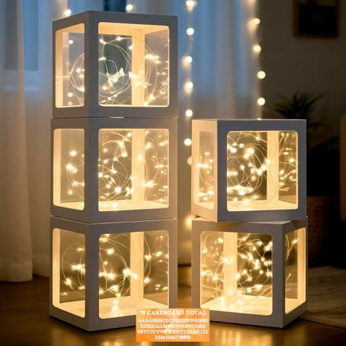 Ledido Transparent Balloon Boxes Clear Balloon Boxes with 5 Pcs String Lights and 78 Letters for Baby Shower Gender Reveal 2026 New Year Grad Party Birthday Anniversary Bridal Decor 5 White Boxes