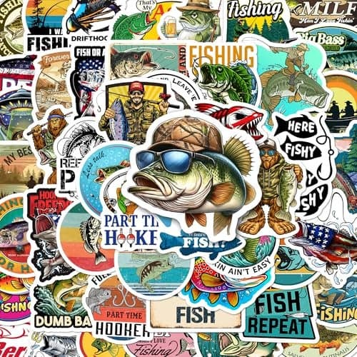 BEATRI Fishing Stickers 50Pcs Fishing Decals Cute Vinyl Waterproof Stickers for Hydro Flask Tackle Box Water Bottle Laptop for Mens Adults Fishing Stickers