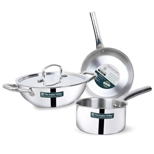 The Indus Valley Triply Stainless Steel Cookware Set of 4Pcs | Kadai (24 cm/3 L)+ Fry Pan (22 cm/1.5L) + Sauce Pan (16cm/1.7L) | Kitchen Cooking Combo Pots & Pans Set | Naturally Nonstick