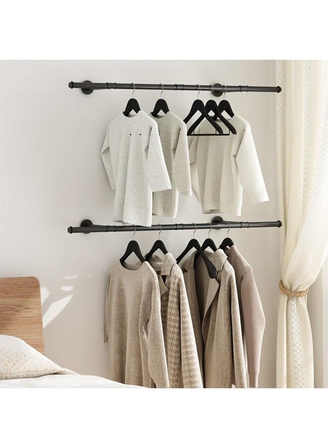 Industrial Pipe Clothing Rack,Wall Mounted Double Rods Clothes Racks,Closet Rods for Hanging Clothes,Pipe Clothing Rack,Space Saving, Sturdy and Durable,for Closet, Laundry Room, or Retail Store ,115*27*8.5CM,Black