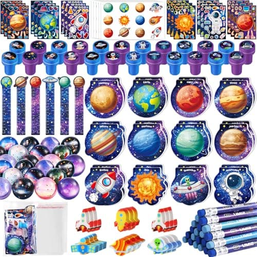 BenLouis 108Pcs Outer Space Themed Party Favors Space Alien Sticker Stampers School Stationery Set Bulk Classroom Prizes for Astronaut Planet Birthday Party Goodie Bags Fillers