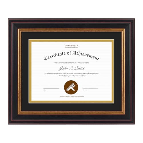 Golden State Art, 8x10 Document Frame for 6x8 Diploma/Certificate/Picture, Black Gold & Burgundy Color. Includes Double Mat, Real Glass (Black Over Gold Double Mat)