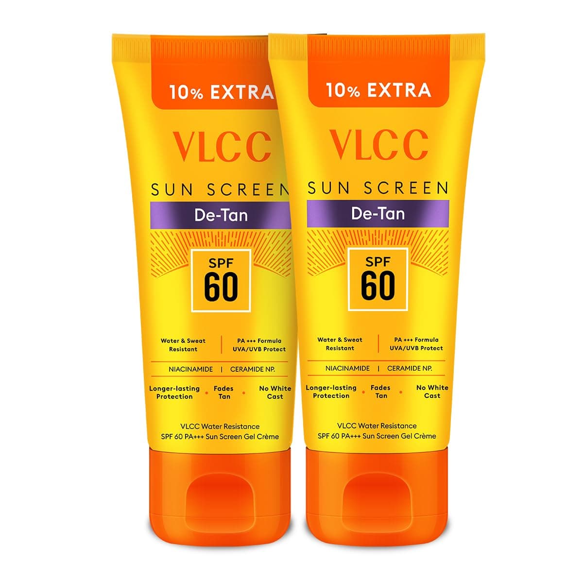 VLCC DeTan Water Resistant SPF 60 PA Sunscreen Gel Crme 100g10g Extra Pack of 2 With Niacinamide Ceramides Vitamin E Protects from UVA UVB Rays Sun Damage Skin Darkening Premature Aging