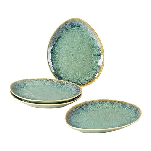 Henten Home Ceramic Appetizer Plates, 6.75 Inch Porcelain Dessert Plate, Cake, Snack Plates Set of 4, Salad Plate for Kitchen, Holiday Gifts, Dishwasher Safe (Green)