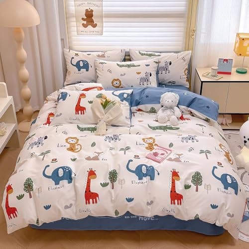 DJY Kids Duvet Cover Twin Size, 100% Cotton Zoo Animals Duvet Cover Set for Boys Girls, Cartoon Lion Giraffe Elephant Print, Soft Breathable Bedding Set(1 Duvet Cover+1 Pillowcase)