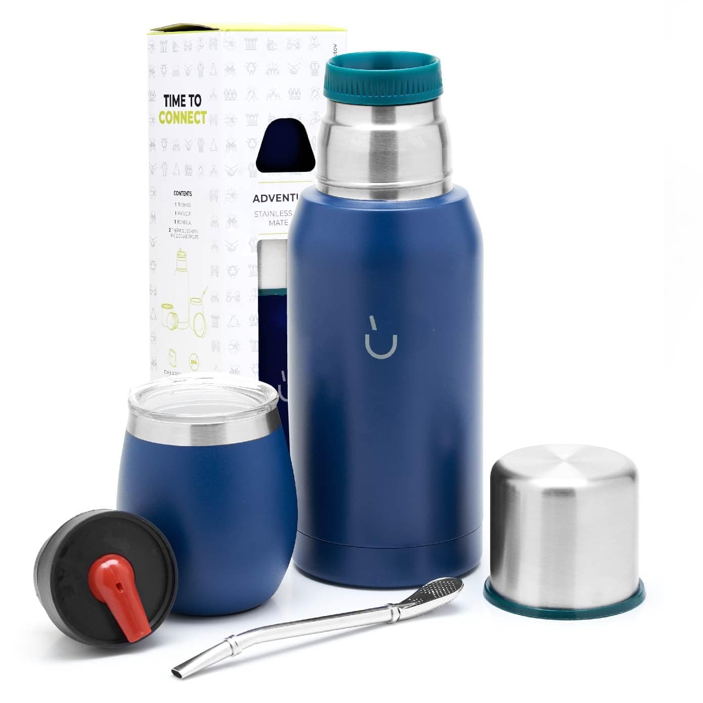 BALIBETOV Yerba Mate Kit Includes 1 Mate Cup 1 Straw and 1 Thermal Flask with 2 Stoppers The Stainless Steel Yerba Mate Gourd Includes Lid Blue