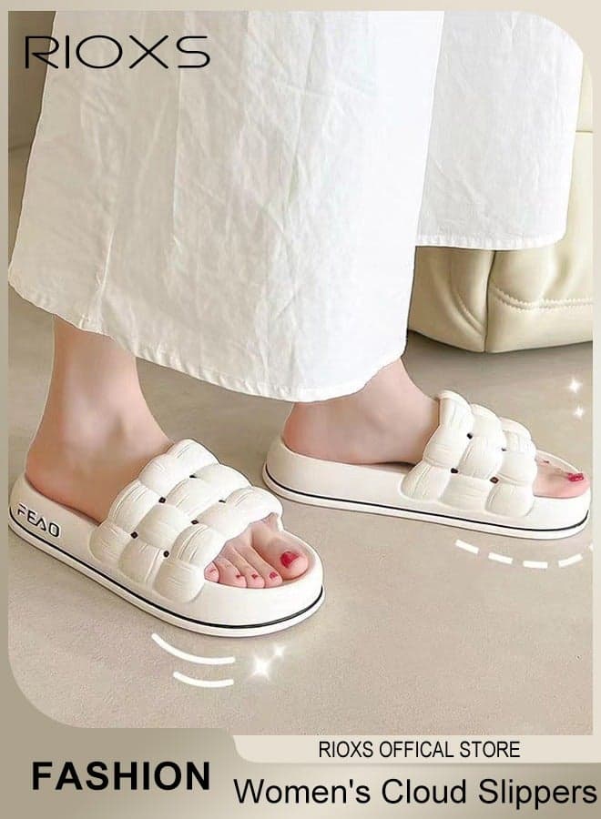 Women's Cloud Slippers, Soft Lightweight Braided Cloud Slides Strap Sandals, Non-Slip Quick Drying Open Toe Shower Slides, Comfortable Thick Sole Open Toe Sandals Slip On Womens Slippers for Outdoor Or Indoor Use, White