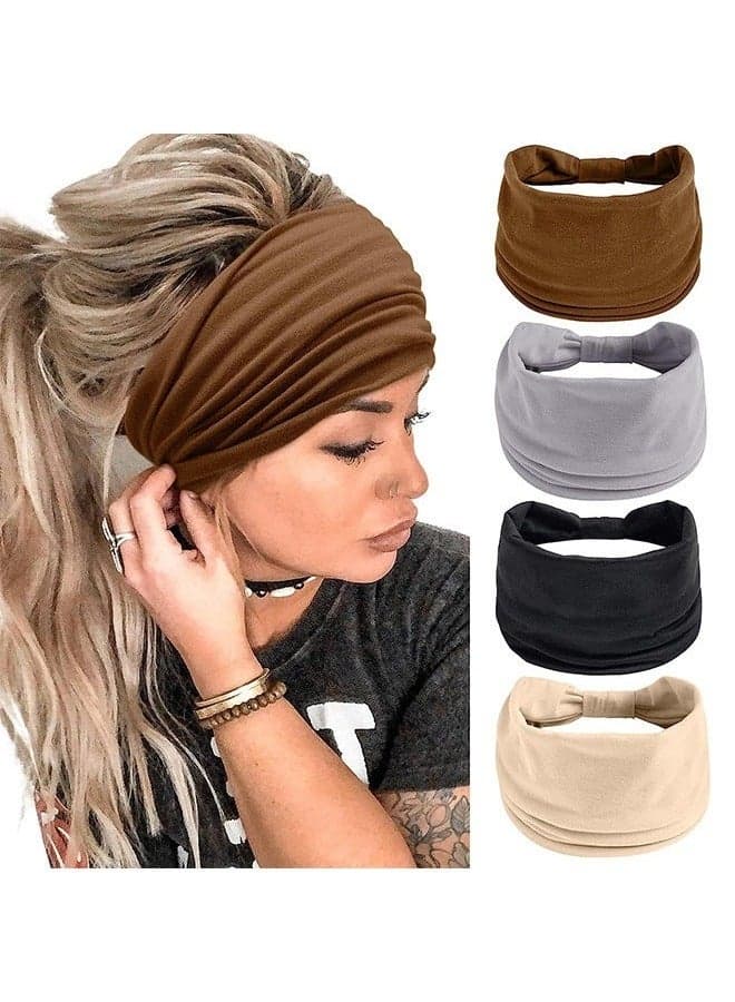 4Pcs Wide Sport Headbands for Women, Stylish Solid Color Elastic Head Wraps, Boho Thick Hairbands, Large Athletic Yoga Turban Headband Hair Accessories