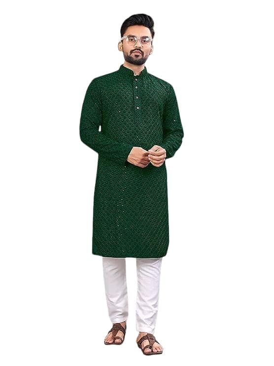 LookMark Present Men's Pure Rayon Chikankari Sequins Kurta||Men's Chikankari Green Coloured Kurta|| AZ-LM-OG-Kurta 11 Green-XXL