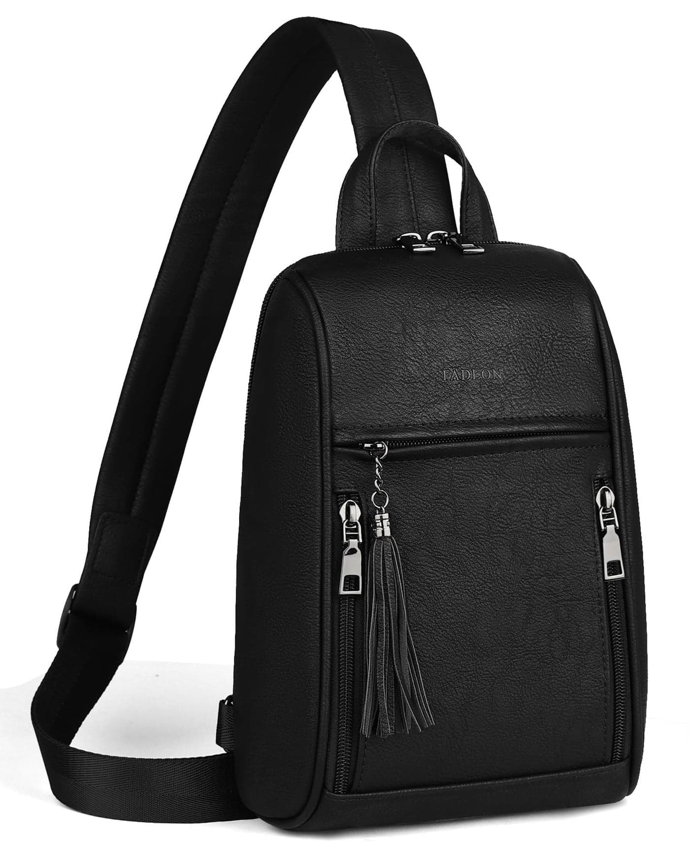 FADEON Sling Bag for Women, Crossbody Backpack with Tassels, Designer Leather Shoulder Chest Bags for Travel