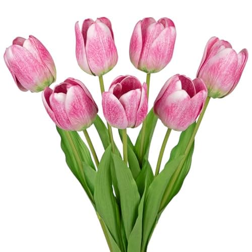 Arborus Artificial Tulips Flowers – 24" Long Stem Faux Tulips, 7PCS Real Touch Fake Pink Tulip for Vase, Farmhouse, Kitchen, Spring & Wedding Home Decor