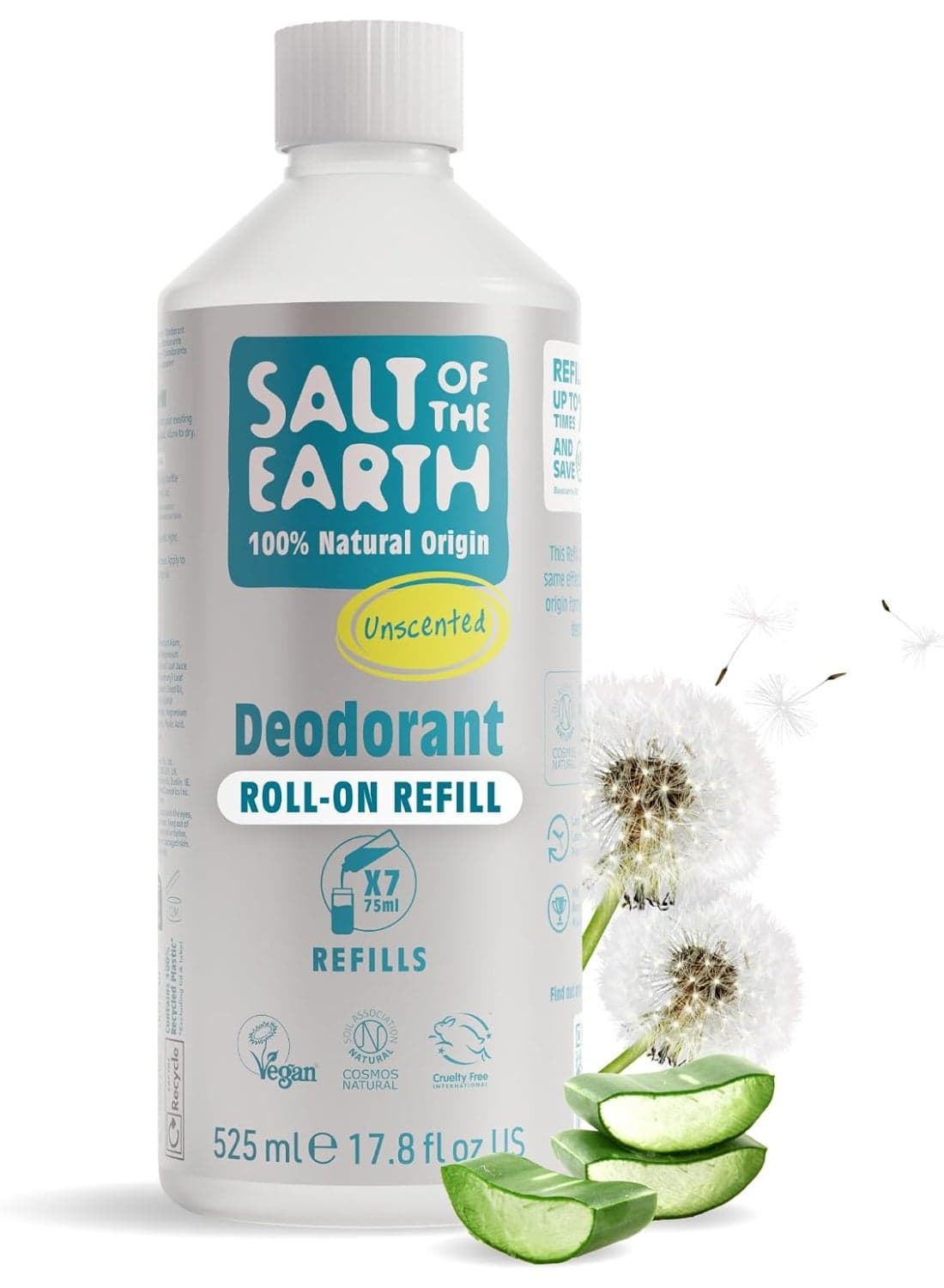 Salt Of the Earth Natural Deodorant Roll On Refill by Salt of the Earth, Unscented - Vegan, Long Lasting Protection, Leaping Bunny Approved, Made in the UK - 525ml — 525