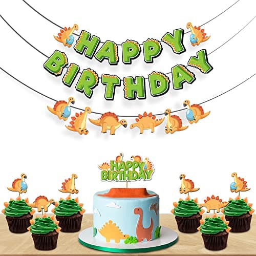 Festiko® Dino Theme Birthday Decoration,Dinosaur Birthday Party Supplies,Dinosaur Party Decorations for Kids,Kids Birthday Decoration Items (Banner,Cake Topper,Cup Cake Topper) 8 Pcs Kit