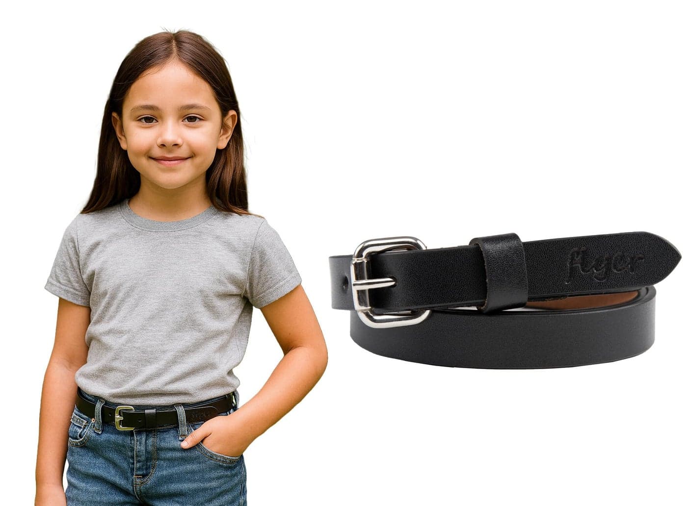 Flyer Girls Black Belt for 4, 4–5, 5, 5–6, 6 Years – Real Leather Adjustable Belt for Kids – Ideal for Jeans, Frocks & Uniform BL1281