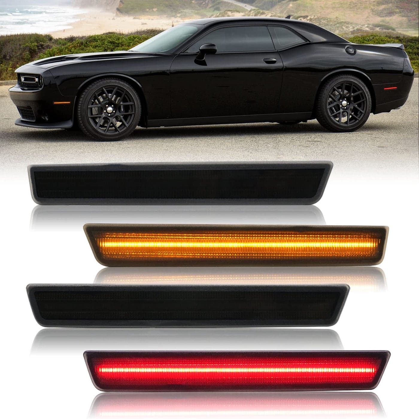 RF Auto 4PCS LED Amber Red Side Marker Lights for Challenger 20152023 Smoked Lens Replace OEM 68195788AB 68195797AB
