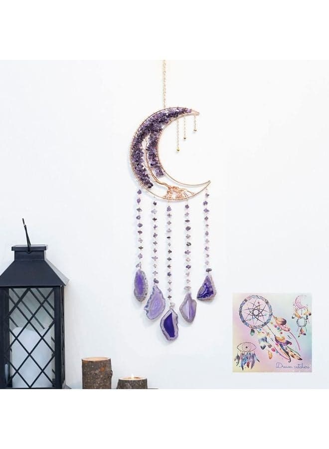Agate Moon Dream Catchers with Crystal Purple Gemstone Dream Catchers Natural Tree of Life Gem Agate Wall Hangings Room Garden Dreamcatchers Decor (Purple)