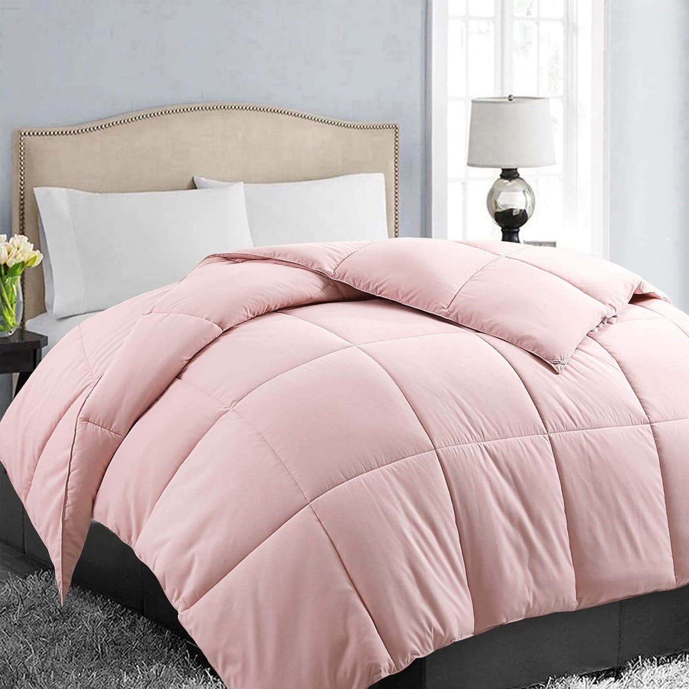 EASELAND All Season Oversized Queen Soft Quilted Down Alternative Comforter Reversible Duvet Insert with Corner TabsWinter Summer Warm FluffyPink98x98