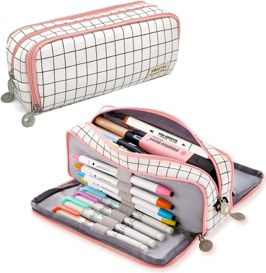 FINEMOE Canvas Large Capacity Pencil Box For Girls&Boys,3 Compartments Pen&Pencil Pouches,Aesthetic Stationery Pouch For School Kids College Students,Cute Stationary Gift For Children (Plaide White)