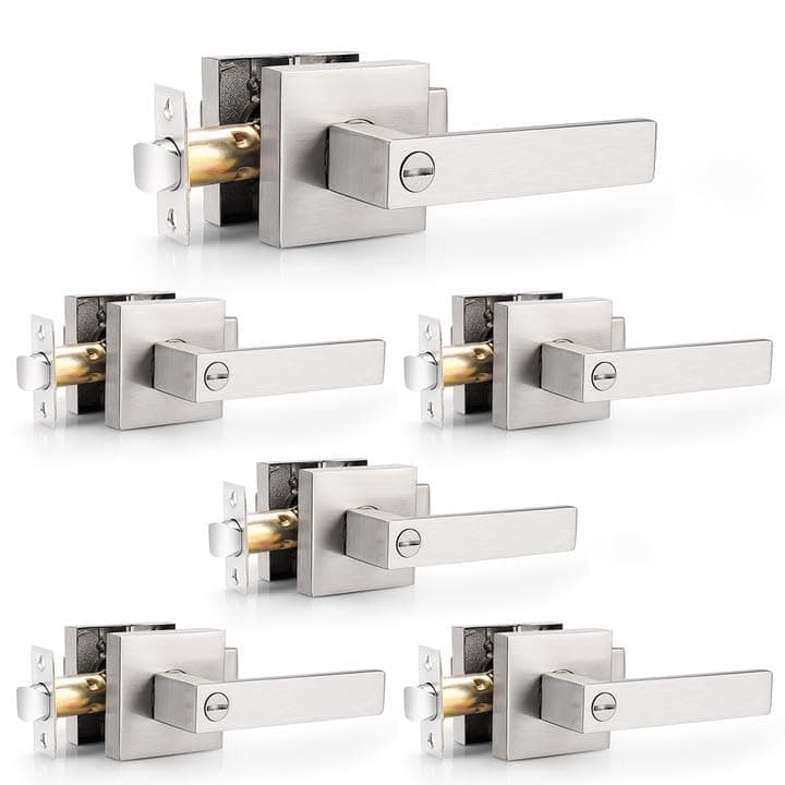 Probrico Satin Nickel Square Privacy Door Levers Lockset for Bedroom or Bathroom, Keyless Door Locks, 6 Pack