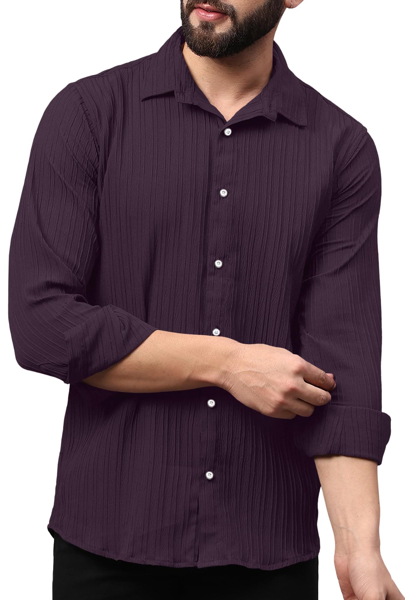FINIVO FASHION Men's Casual Button Down Shirts Long Sleeve Linen Shirt Fashion Textured Beach Summer Shirts Purple