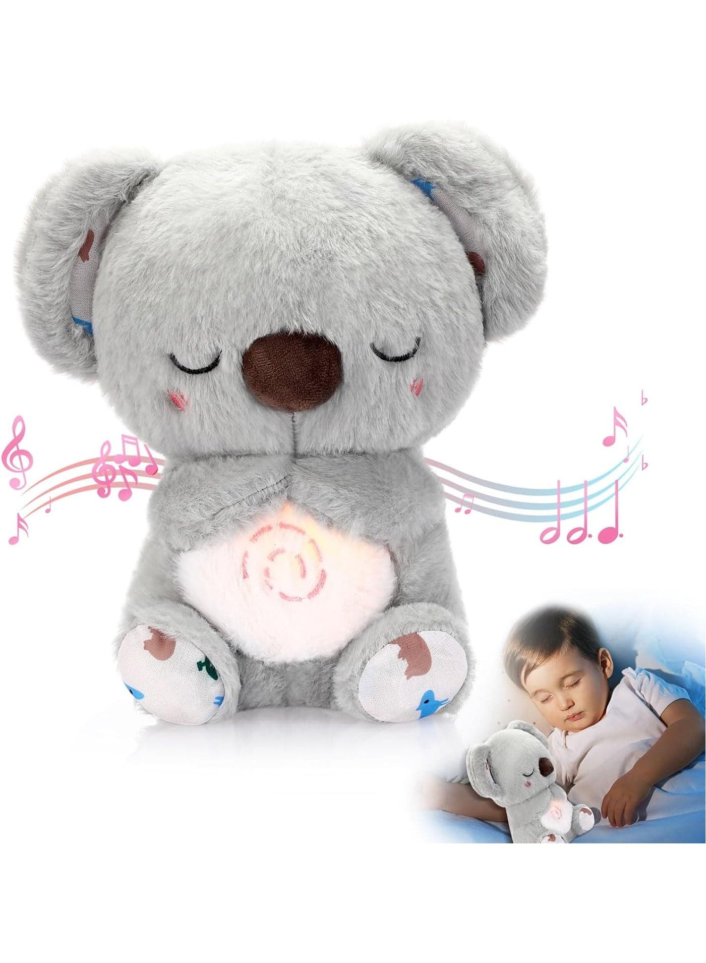 Breathing Stuffed Animal 9 inch Calming Soothers for Sleep Heartbeat Plush for Anxiety with Music Lights and Rhythmic Breathing Motion Anxiety Relief Portable Plush Sound Machine
