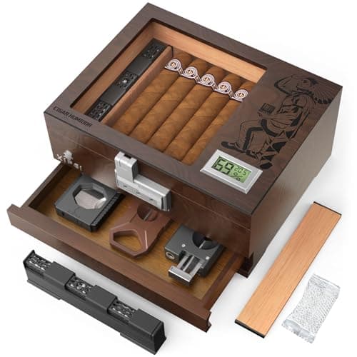 XIFEI Cigar Humidor, Glass Top Humidor Box with Digital Hygrometer, Humidifier, Accessories Drawer, Divider, Cedar Wood Desktop Humidors Case with Combination Lock, Gift for Cigar Lovers (Walnut)