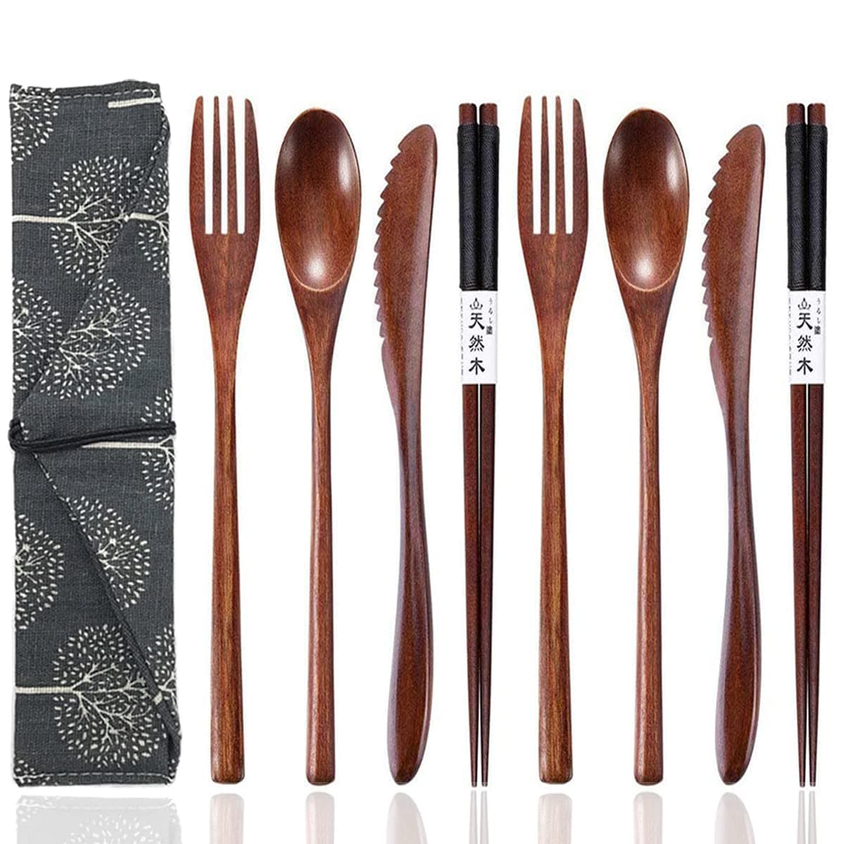 Busnos Reusable Wooden Utensils for Eating 8 Pcs Travel Wooden Spoons Forks Chopsticks Cutlery Set with Case Lunch Utensils Silverware Set for Lunch Portable Wood Flatware Set for Eating