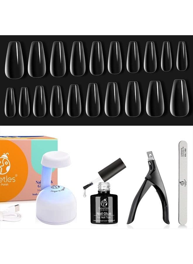 Beetles Gel Nail Kit Easy Nail Extension Set 5 In 1 Nail Glue Gel Base Coat with Pre shaped Medium Coffin Soft Gel Nail Tips and Led Nail Lamp Acrylic Nail Clipper for Nail Art Diy Home Manicure