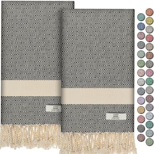 EPHESUS TOWELS Turkish Hand Towels - Set of 2 | 18" x 30" Decorative Boho Guest Bath Towel for Bathroom, Kitchen, Face, Hair, Tea, Dishcloth (Diamond, Anthracite)