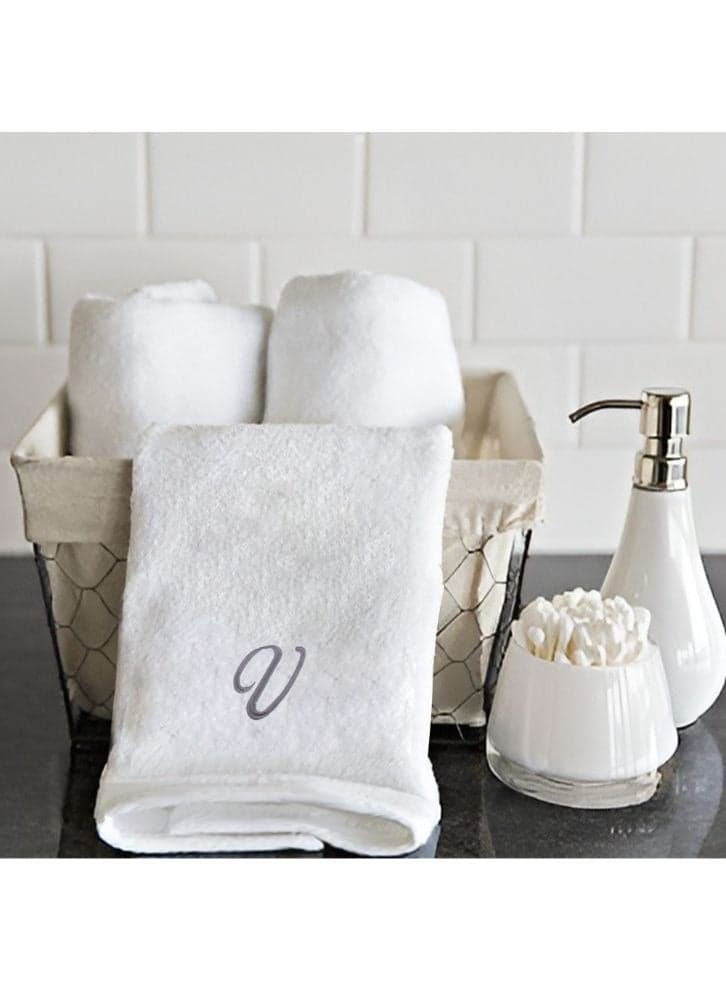 Embroidered For You (White) Luxury Monogrammed Towels (Set of 1 Hand & 1 Bath Towel) 100% Cotton, Highly Absorbent and Quick dry Bath Linen -600 Gsm (Silver Letter V)