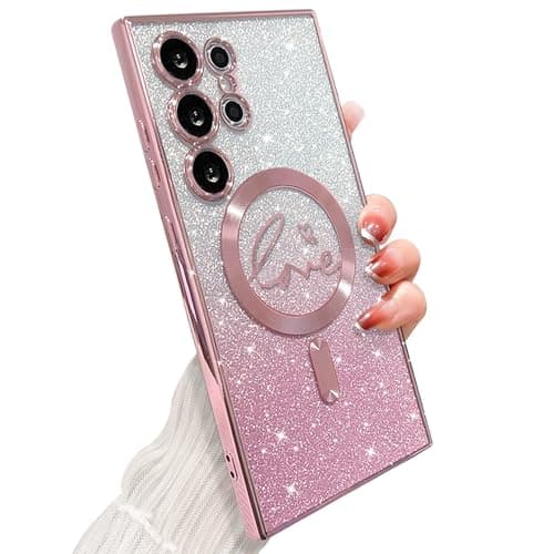 ZONRW for Samsung Galaxy S24 Ultra Case Magnetic,for Women Girl Soft Cute Luxury Love Heart Plating Bling Gradient Glitter Clear Phone Case Compatible with MagSafe Shockproof Back Cover 6.8”-Pink