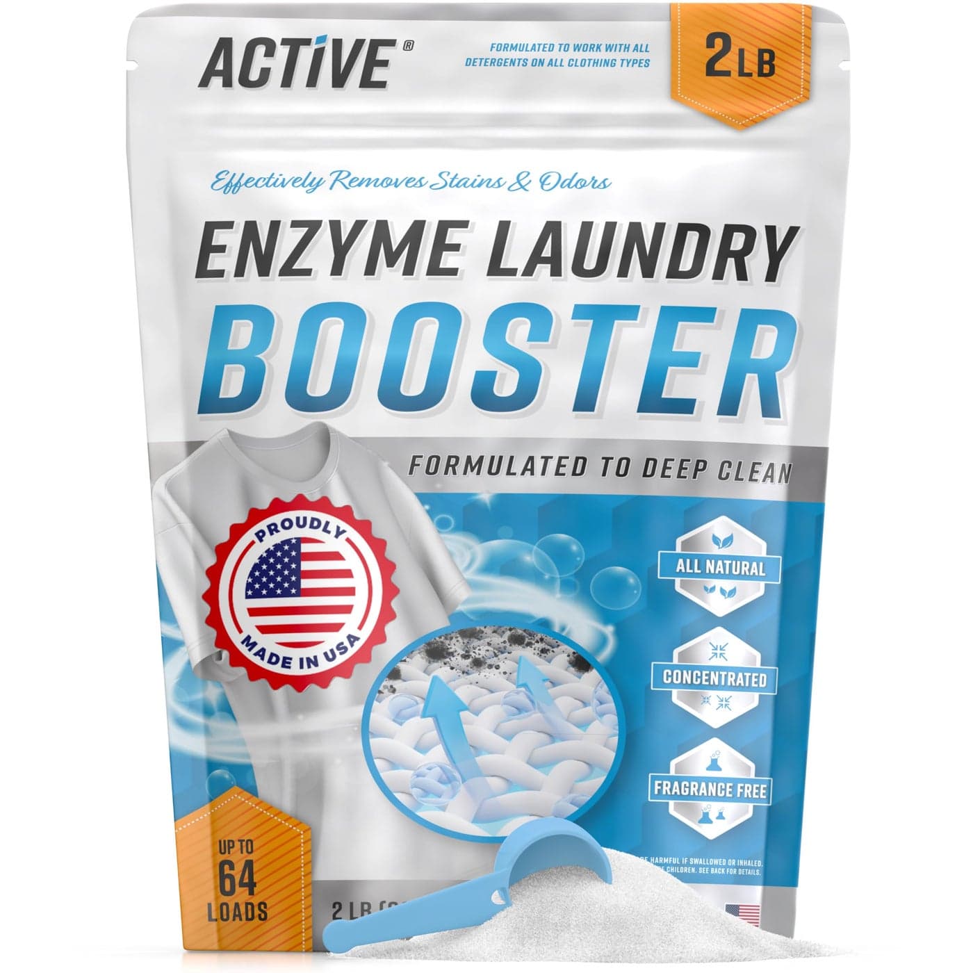 Enzyme Laundry Booster Odor Remover 2 lbs Unscented Enzymatic Clothes Stain Cleaner Powder Natural Deodorizer with Bio Active Enzymes Detergent Additive Eliminator for Sweat Oil Blood 64 Loads