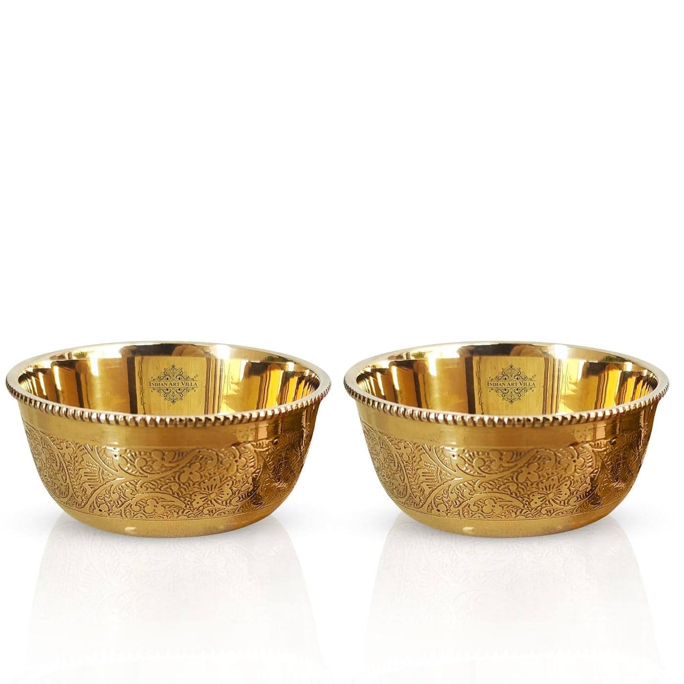 INDIAN ART VILLA Pure Brass Embossed Design Flat Bottom Bowl Decorative Dinnerware Tableware and Serveware for Home Hotel Restaurant Volume150 ml Set of 2