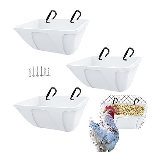 mozoba Hanging Chicken Feeder Trough for Goat Sheep Deer Poultry Duck Chicken Fence Feeder Livestock Feeding Container Goats Supplies Feeders Waterer Bucket White