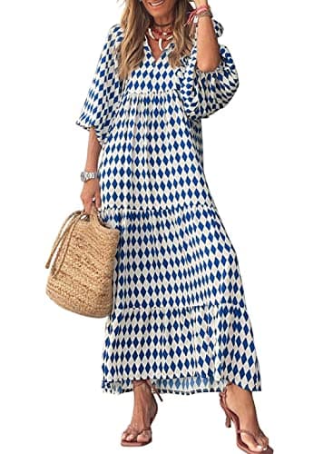 miduo Womens Casual Spring Summer V Neck Short Half Sleeve Bohemian Beach Geometric Pattern Maxi Long Dresses Prom Blue XL