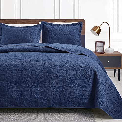 Love's cabin King Size Quilt Set Navy Blue Bedspreads - Soft Bed Summer Lightweight Bedspread Comforter - Modern Style Coin Pattern Coverlet for All Season - 3 Pieces (1 Quilt, 2 Pillow Shams)