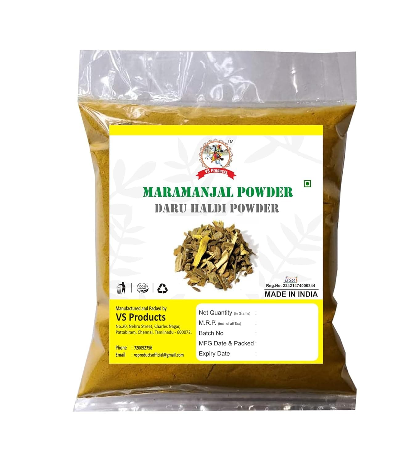 VS Products Maramanjal Powder 600g Daru Haldi Pasamantram Kadari False calumba Manu Pasupu Powder pack of 6 x 100g