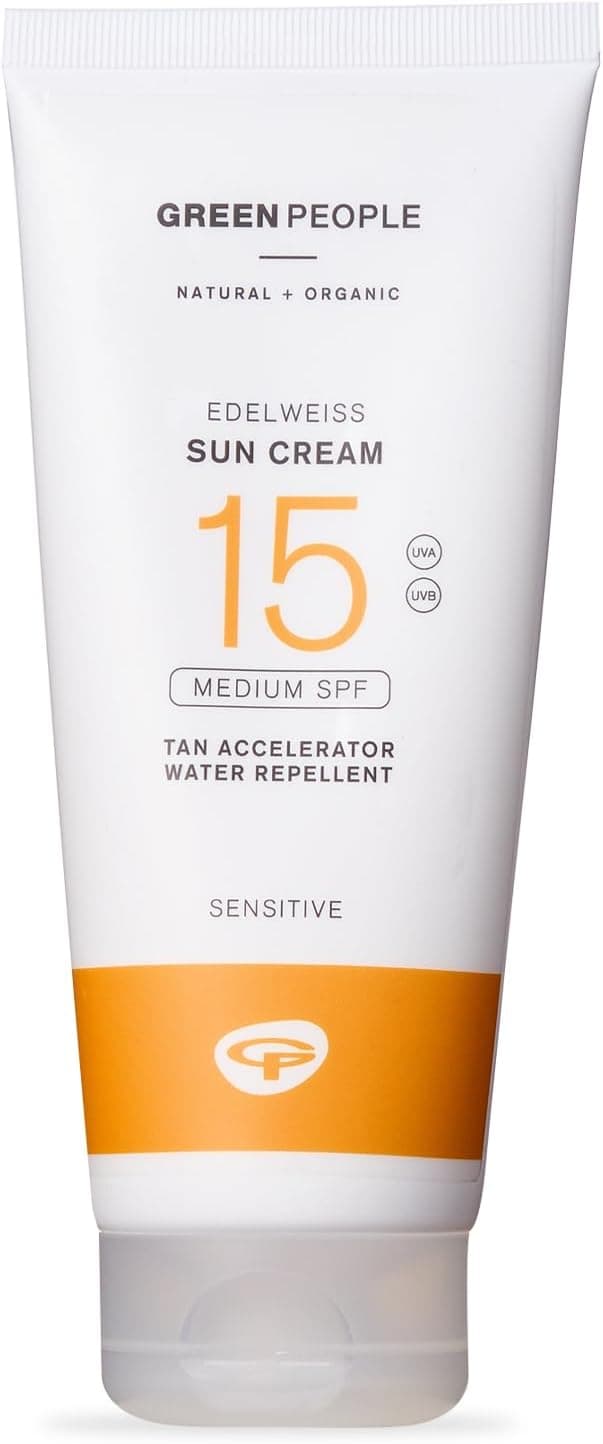 Green People Edelweiss Sun Cream with Tan Accelerator SPF15 Natural Sunscreen Suitable for Sensitive Skin Reef Safe Cruelty Free 200ml