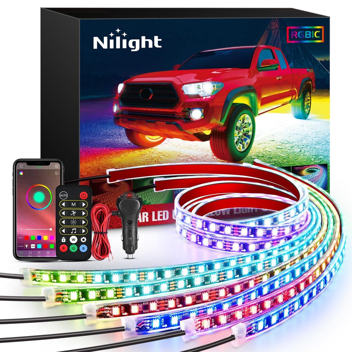 Nilight 6Pcs Car Underglow Neon Accent Strip Lights 300 LEDs Multi Color RGBIC DIY Sound Active Function Music Mode with APP Control and Remote Control Underbody Light Strip