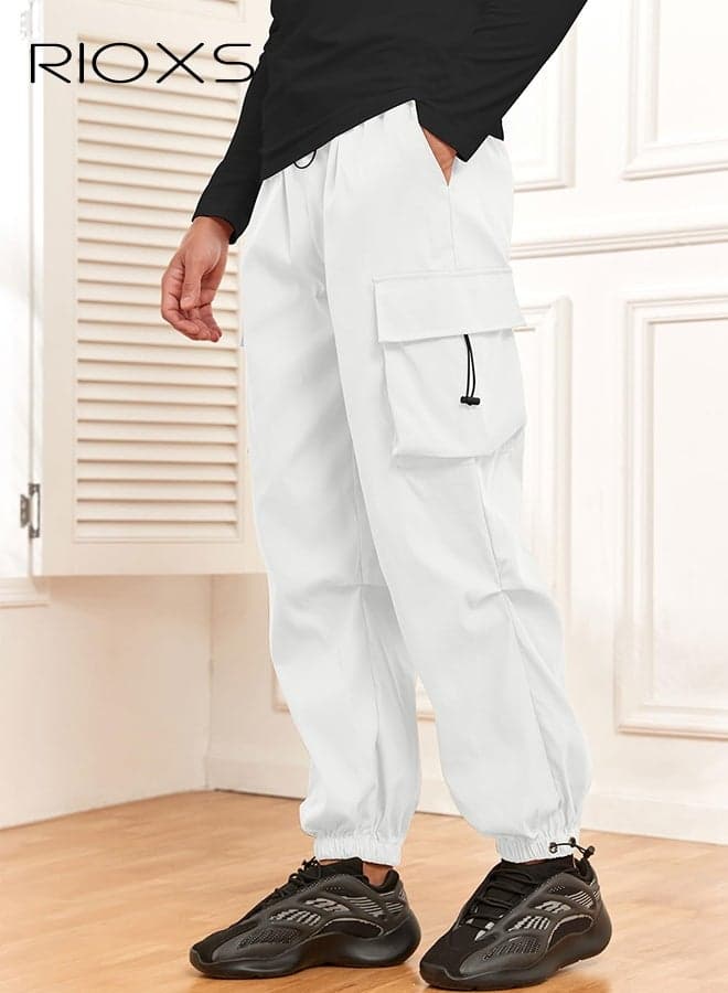 Men's White Quick-Dry Cargo Pants, Mid-Rise Loose Fit Parachute Trousers with Multi-Pockets, Elastic Waist and Adjustable Drawstrings, Summer Streetwear Joggers for Outdoor and Casual, Drop-Crotch Jogger Pants, Hiking Compatible Bottoms, Young Men's Fashion Joggers